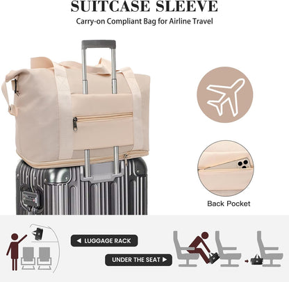 Travel Duffel Bag with Wet Pocket & Trolley Sleeve, Waterproof Expandable