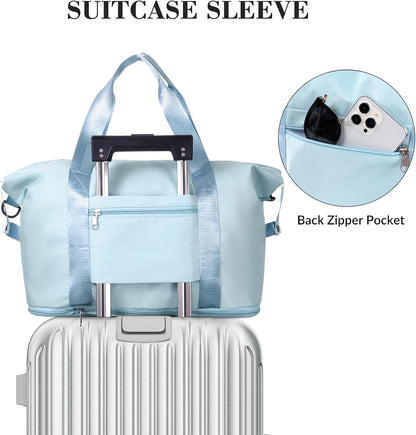 Travel Duffel Bag with Wet Pocket & Trolley Sleeve, Waterproof Expandable