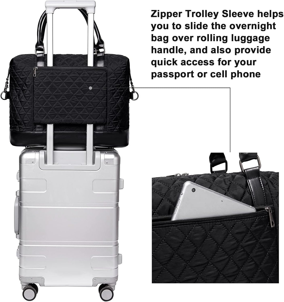 Travel Tote Bags with Zipper Ladies Canvas Bag Weekender Overnight Bag for Women Carry on Duffel Bag Trolley Sleeve