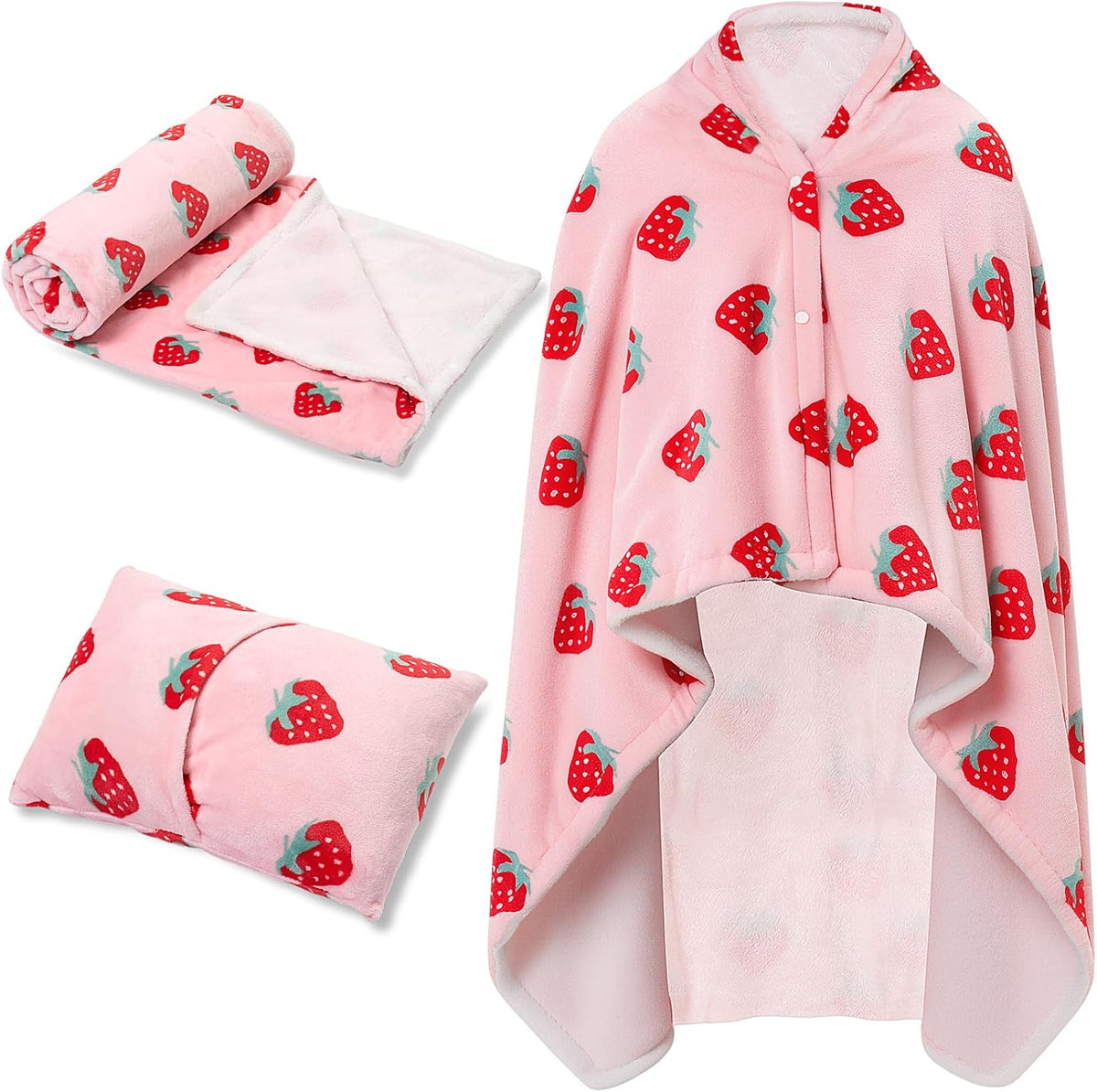 Plush Wearable Blanket Pink Strawberry Fleece Travel Blanket Women Pillow 2 in 1 with Sleeves and Buttons Lap Throw Shawl for Office Sofa Winter Warm Accessories Gifts