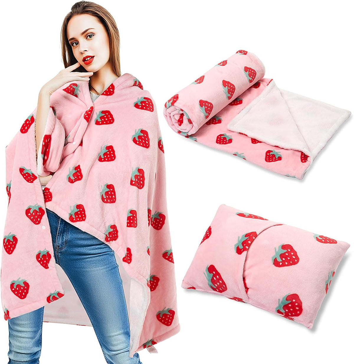 Plush Wearable Blanket Pink Strawberry Fleece Travel Blanket Women Pillow 2 in 1 with Sleeves and Buttons Lap Throw Shawl for Office Sofa Winter Warm Accessories Gifts