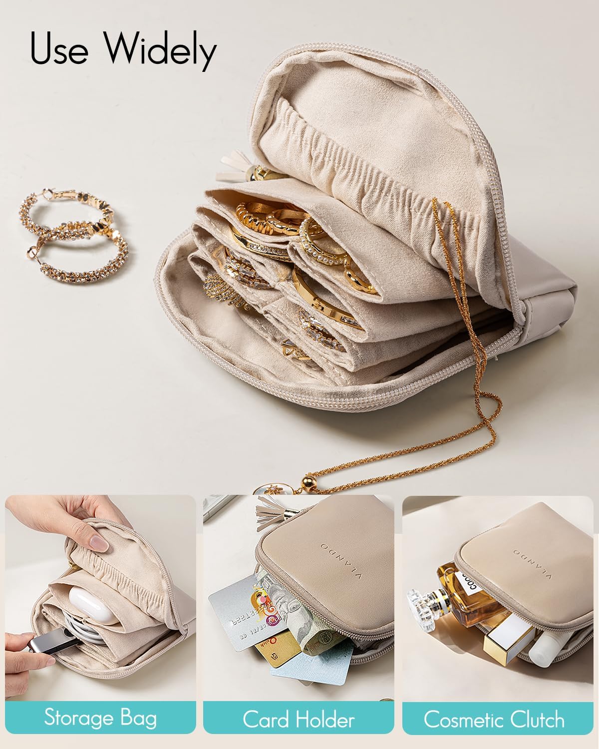 Small Travel Jewelry Case,Velvet Pouch Bags with Zipper, Cream White