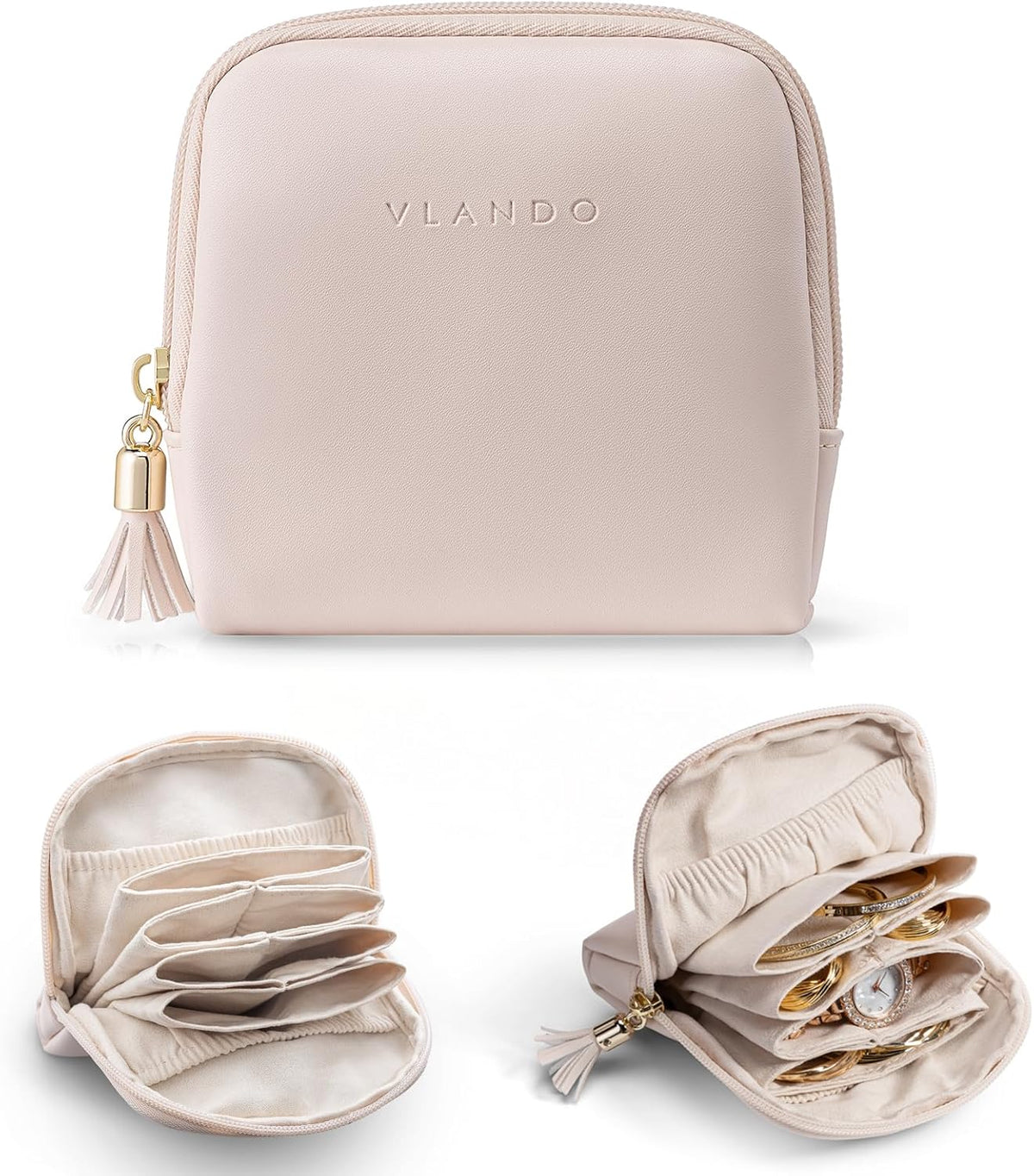 Small Travel Jewelry Case,Velvet Pouch Bags with Zipper, Cream White
