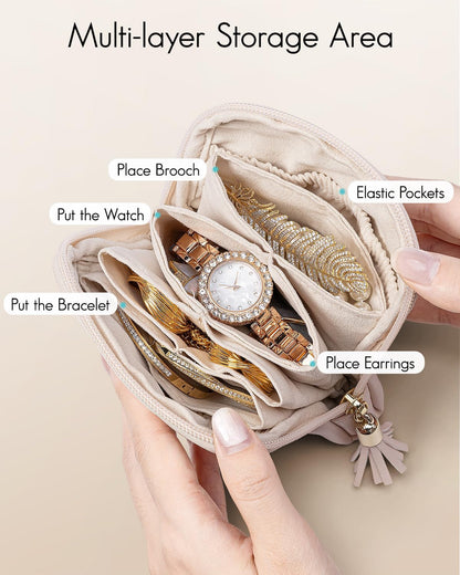 Small Travel Jewelry Case,Velvet Pouch Bags with Zipper, Cream White