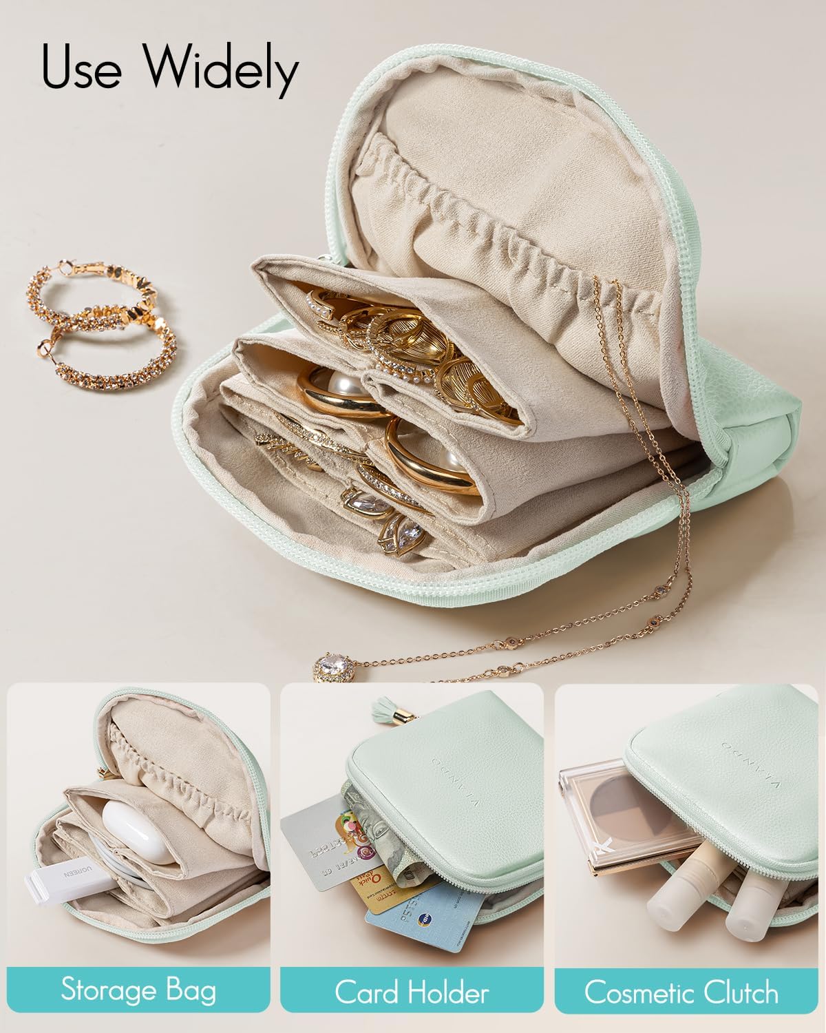 Small Travel Jewelry Case,Velvet Pouch Bags with Zipper, Cream White