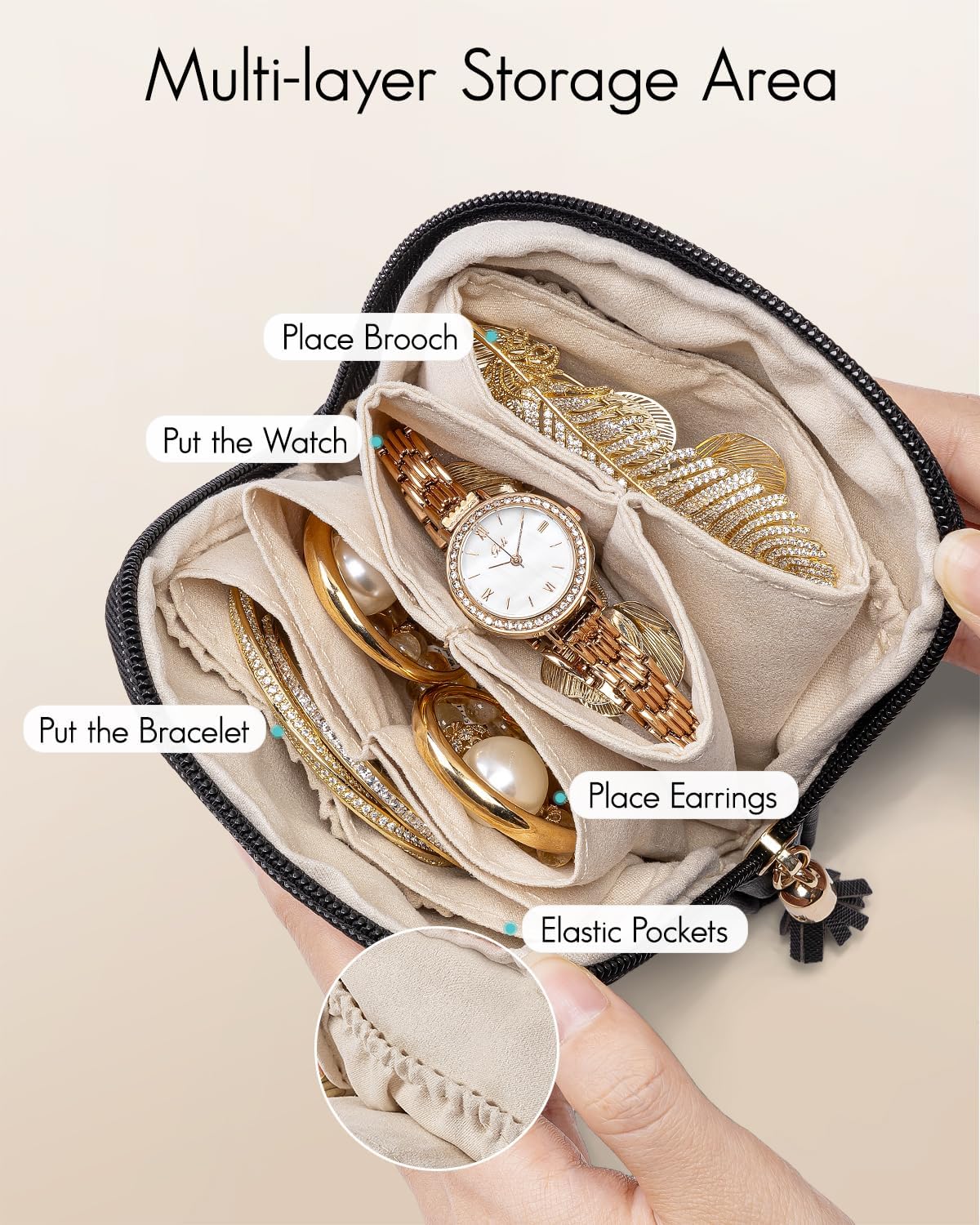 Small Travel Jewelry Case,Velvet Pouch Bags with Zipper, Cream White