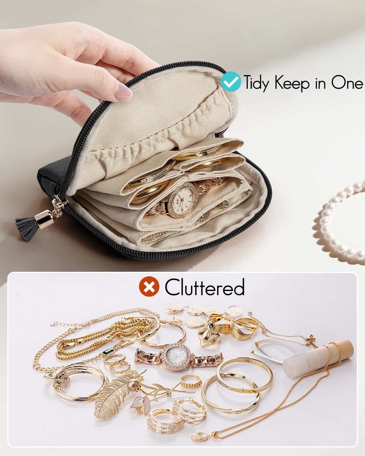 Small Travel Jewelry Case,Velvet Pouch Bags with Zipper, Cream White