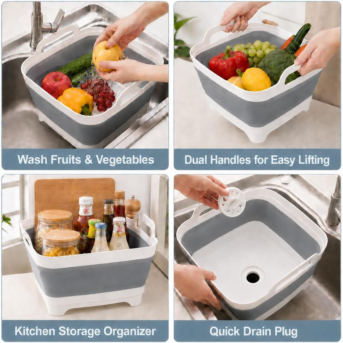 Collapsible Dish Basin with Drain Plug, Foldable Wash Basin 2.4 Gal (9L)