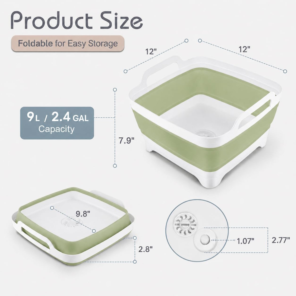 Collapsible Dish Basin with Drain Plug, Foldable Wash Basin 2.4 Gal (9L)