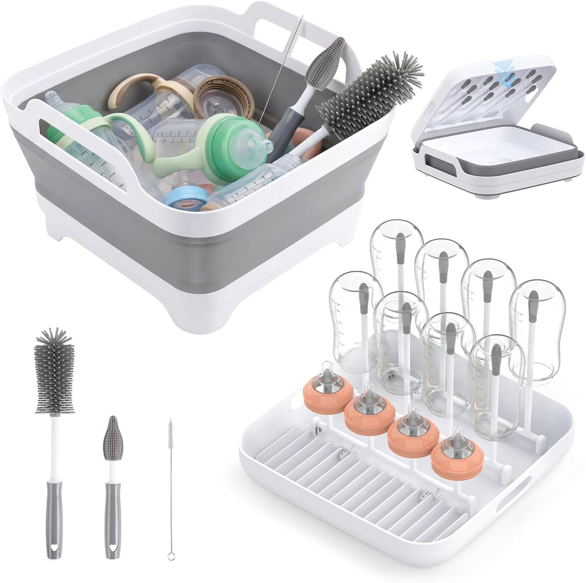 Collapsible Baby Bottle Wash Basin w/Drying Rack & Drain Plug, Gray