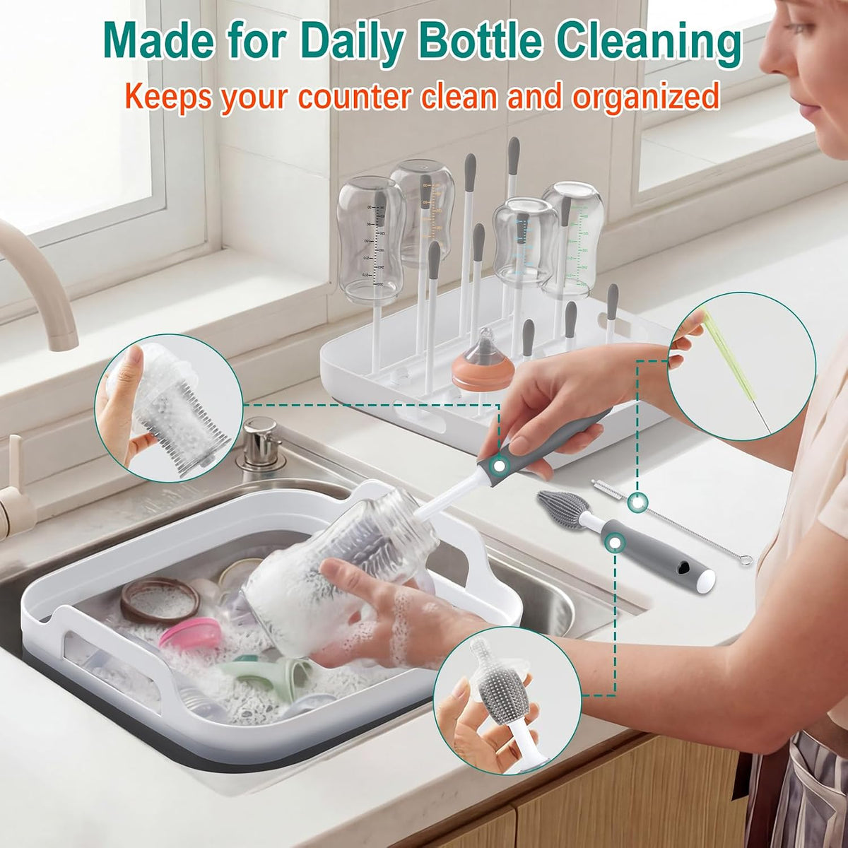 Collapsible Baby Bottle Wash Basin w/Drying Rack & Drain Plug, Gray