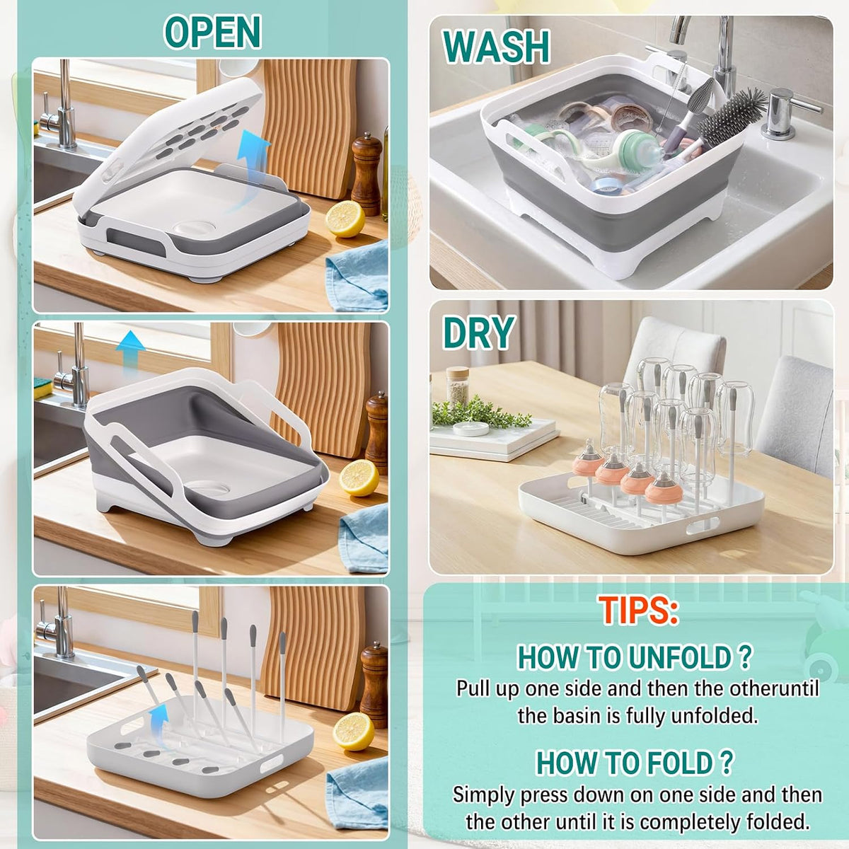 Collapsible Baby Bottle Wash Basin w/Drying Rack & Drain Plug, Gray