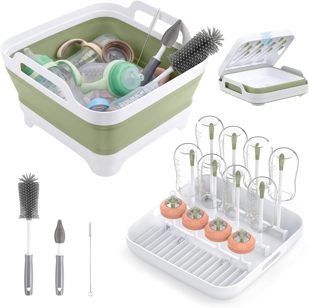Collapsible Baby Bottle Wash Basin w/Drying Rack & Drain Plug, Gray