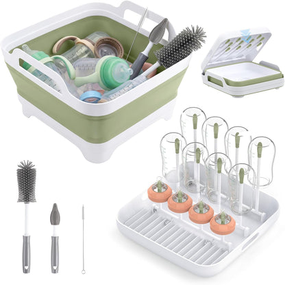 Collapsible Baby Bottle Wash Basin w/Drying Rack & Drain Plug, Gray