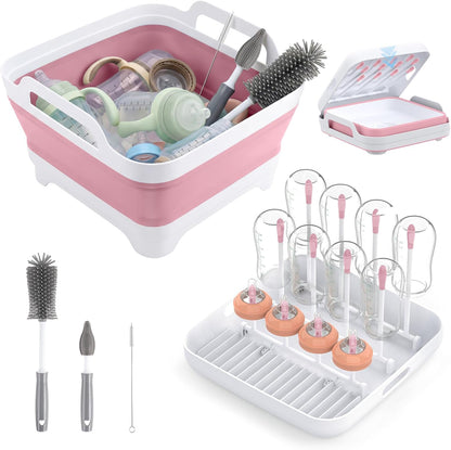 Collapsible Baby Bottle Wash Basin w/Drying Rack & Drain Plug, Gray