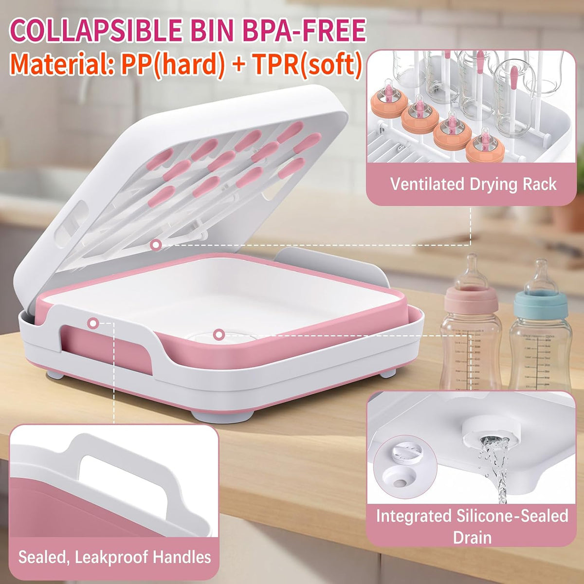Collapsible Baby Bottle Wash Basin w/Drying Rack & Drain Plug, Gray