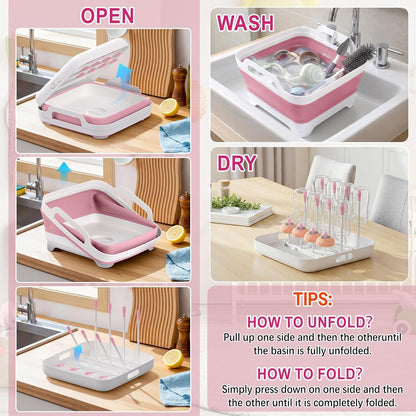 Collapsible Baby Bottle Wash Basin w/Drying Rack & Drain Plug, Gray