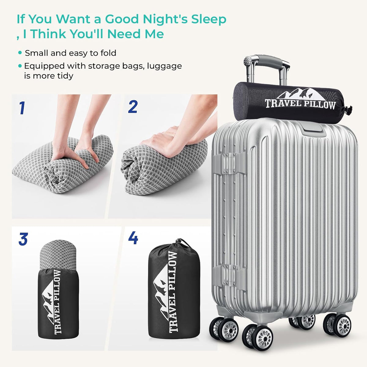 Travel Pillow Memory Foam Pillows, Camping Pillow-Compressible Medium Firm, Breathable Cover, Ideal Backpacking Hiking, Bed Pillows, Airplane and Car (Light Grey, S)