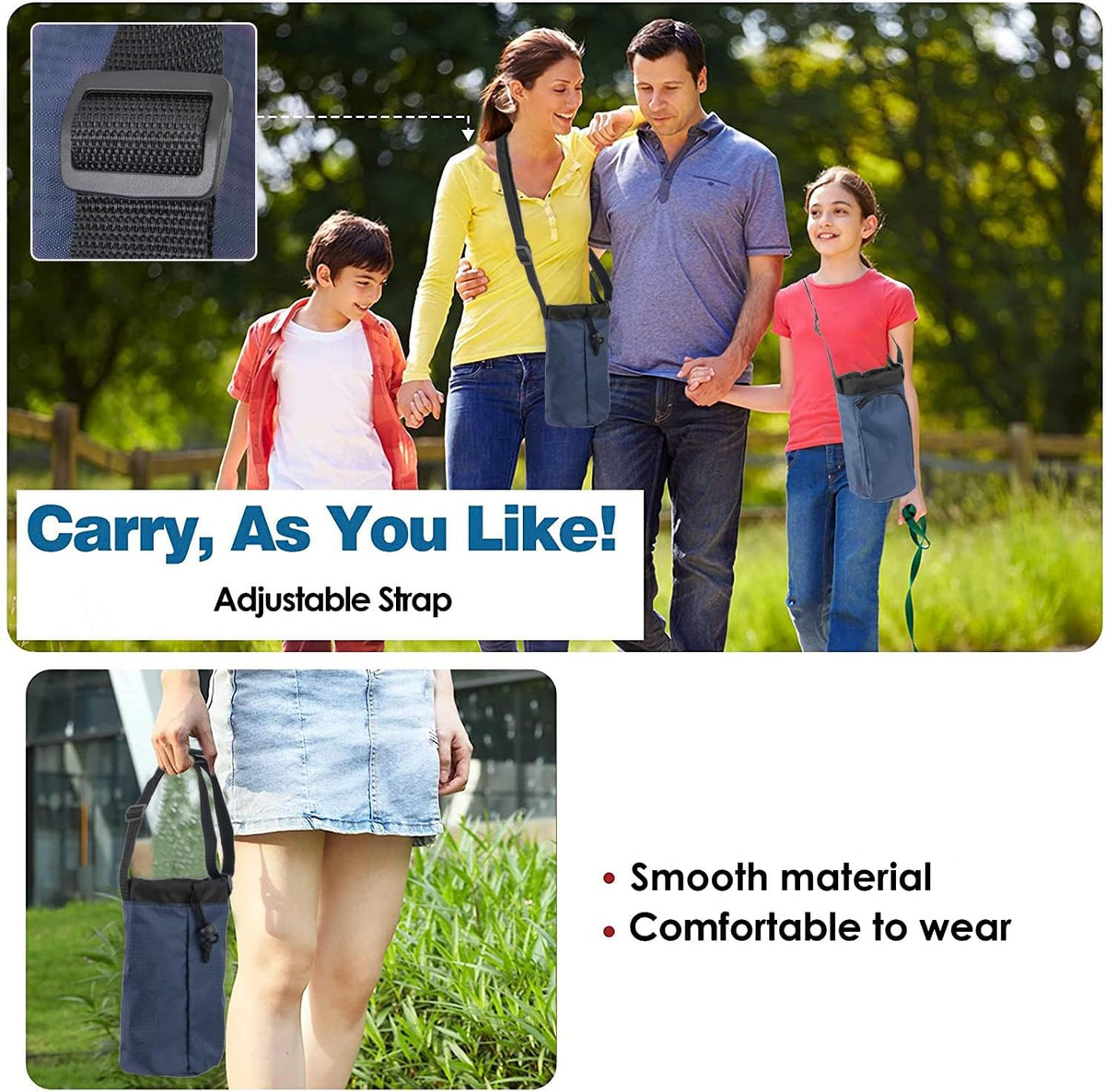Trail maker Water Bottle Carrier Bag with Strap, Phone Pocket for Walking, Runs, Bike, Stainless Steel, Glass, Plastic