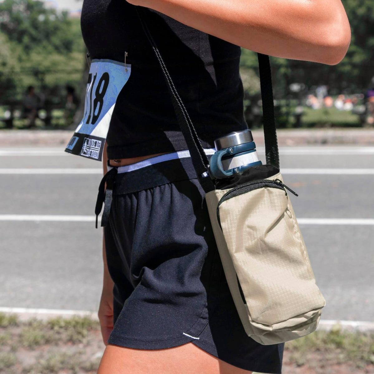 Trail maker Water Bottle Carrier Bag with Strap, Phone Pocket for Walking, Runs, Bike, Stainless Steel, Glass, Plastic