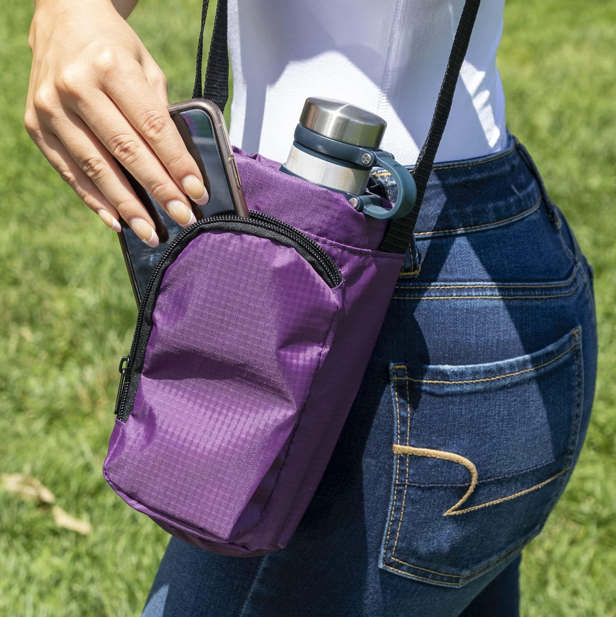 Trail maker Water Bottle Carrier Bag with Strap, Phone Pocket for Walking, Runs, Bike, Stainless Steel, Glass, Plastic