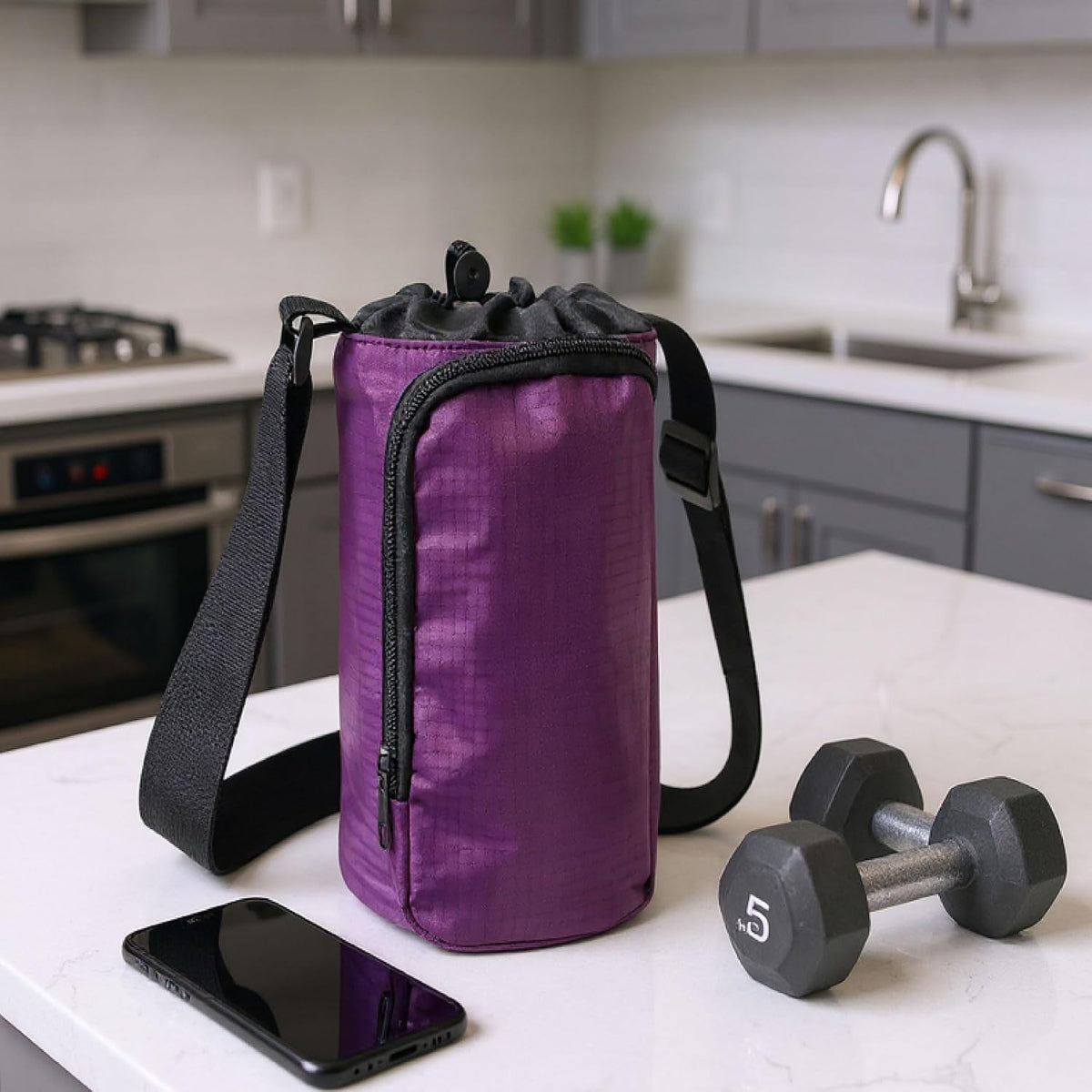 Trail maker Water Bottle Carrier Bag with Strap, Phone Pocket for Walking, Runs, Bike, Stainless Steel, Glass, Plastic