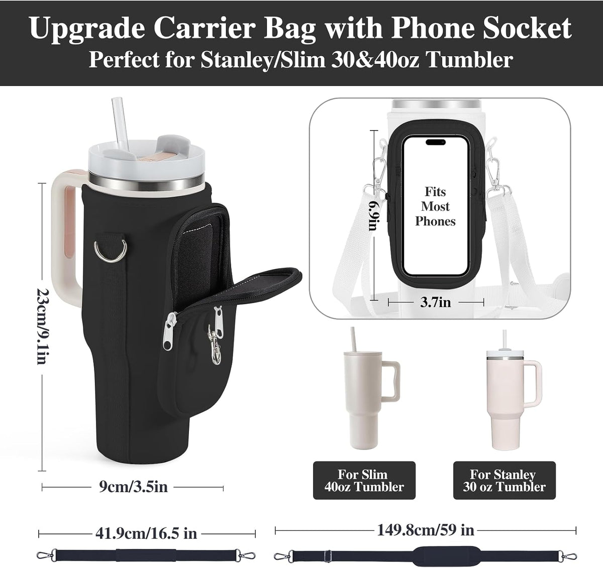 linmaya Water Bottle Carrier Bag for Stanley Cup 40/30oz with Phone Holder Pockets,Neoprene Water Bottle Cross-body Bag with Adjustable Shoulder & Hand Strap Stanley Cup Accessories
