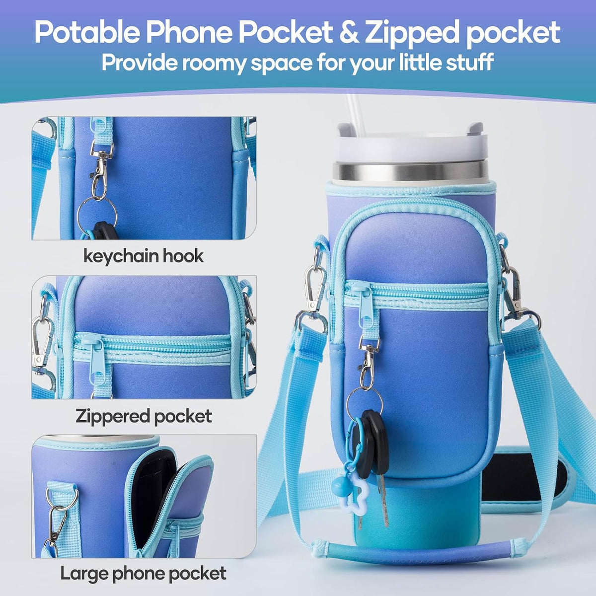 linmaya Water Bottle Carrier Bag for Stanley Cup 40/30oz with Phone Holder Pockets,Neoprene Water Bottle Cross-body Bag with Adjustable Shoulder & Hand Strap Stanley Cup Accessories