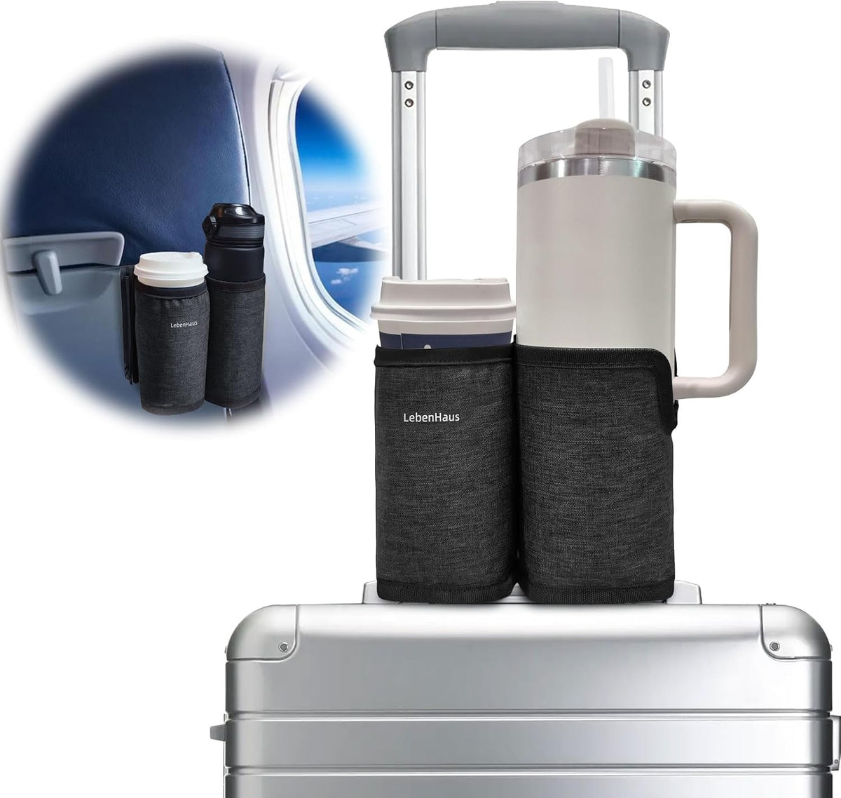 2 in 1 Luggage Cup Holder for Suitcase Airplane Drink Carrier Travel Gray