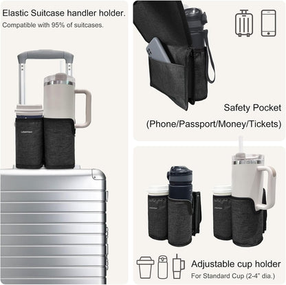 2 in 1 Luggage Cup Holder for Suitcase Airplane Drink Carrier Travel Gray