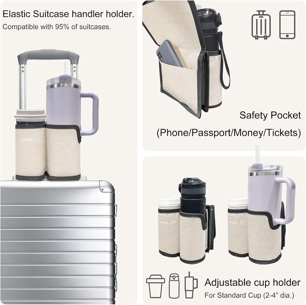 2 in 1 Luggage Cup Holder for Suitcase Airplane Drink Carrier Travel Gray