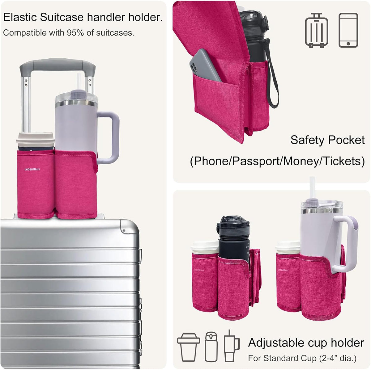 2 in 1 Luggage Cup Holder for Suitcase Airplane Drink Carrier Travel Gray