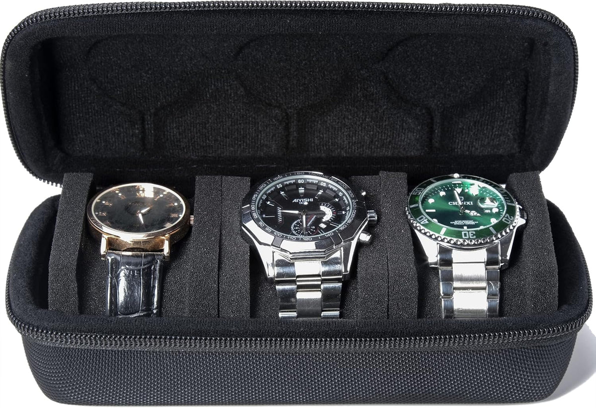 3 Slot Hard Watch Travel Case, Watch Roll Case Storage and Organizer for Men and Women, with anti-move watch pillow (Black fabric 3Slots)