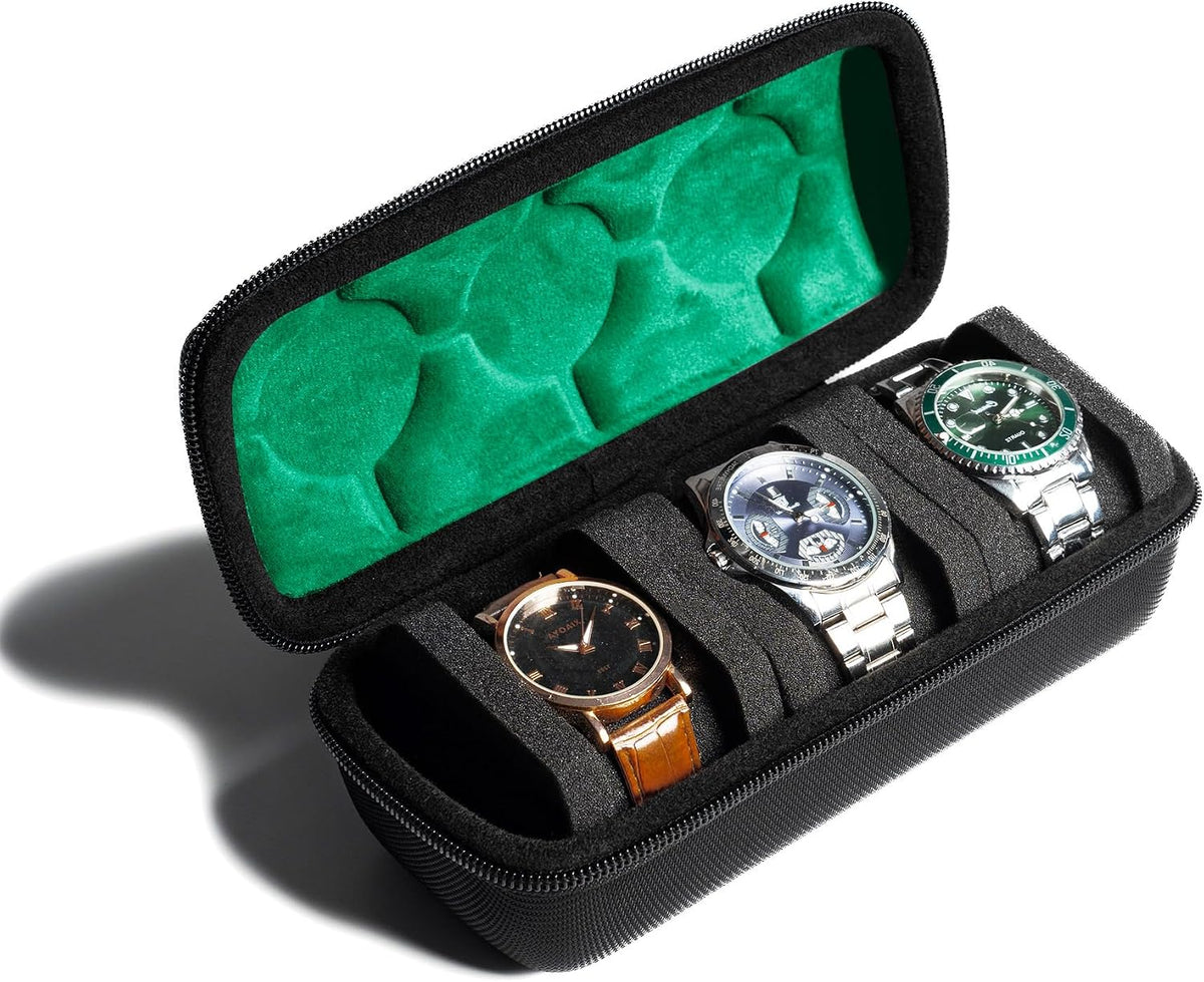 3 Slot Hard Watch Travel Case, Watch Roll Case Storage and Organizer for Men and Women, with anti-move watch pillow (Black fabric 3Slots)