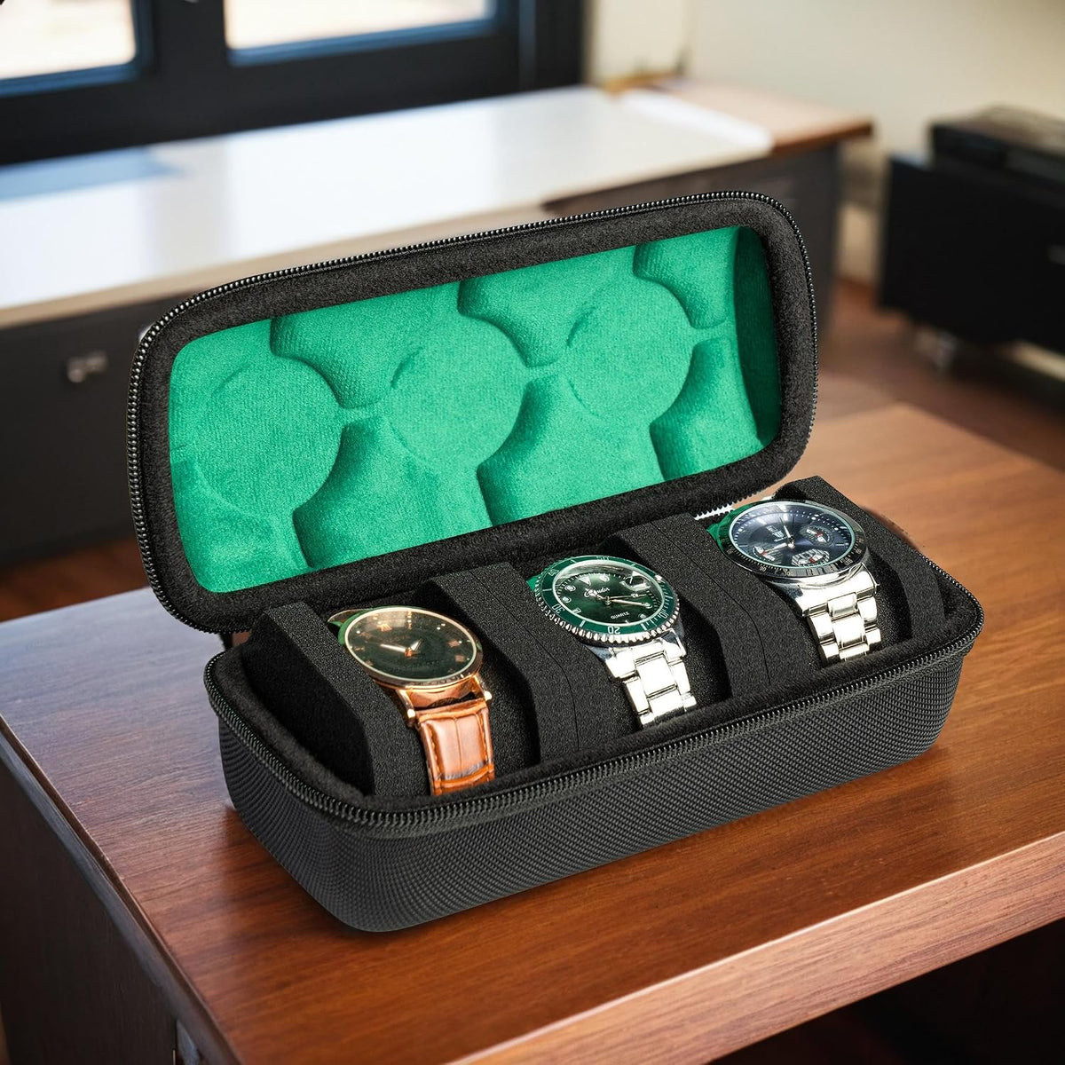 3 Slot Hard Watch Travel Case, Watch Roll Case Storage and Organizer for Men and Women, with anti-move watch pillow (Black fabric 3Slots)