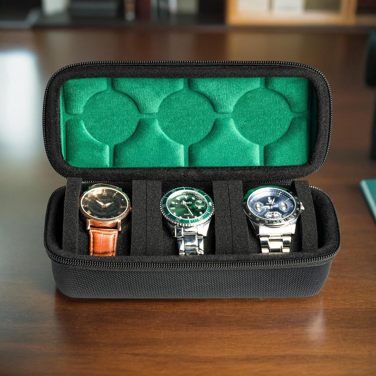 3 Slot Hard Watch Travel Case, Watch Roll Case Storage and Organizer for Men and Women, with anti-move watch pillow (Black fabric 3Slots)