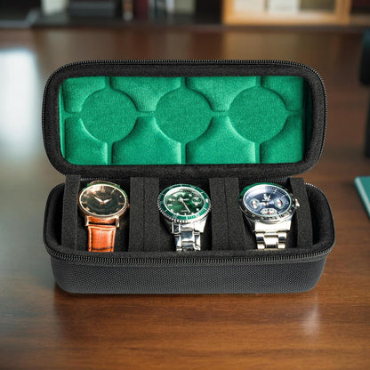 3 Slot Hard Watch Travel Case, Watch Roll Case Storage and Organizer for Men and Women, with anti-move watch pillow (Black fabric 3Slots)