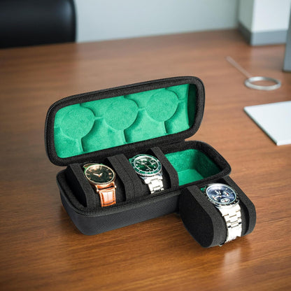 3 Slot Hard Watch Travel Case, Watch Roll Case Storage and Organizer for Men and Women, with anti-move watch pillow (Black fabric 3Slots)