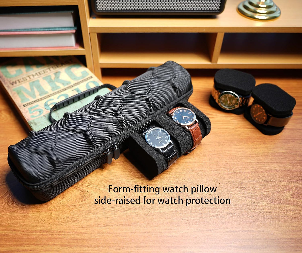 3 Slot Hard Watch Travel Case, Watch Roll Case Storage and Organizer for Men and Women, with anti-move watch pillow (Black fabric 3Slots)