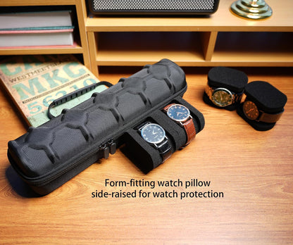 3 Slot Hard Watch Travel Case, Watch Roll Case Storage and Organizer for Men and Women, with anti-move watch pillow (Black fabric 3Slots)
