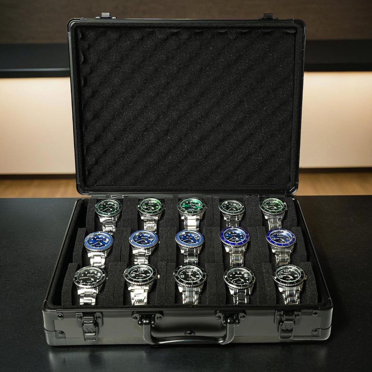 3 Slot Hard Watch Travel Case, Watch Roll Case Storage and Organizer for Men and Women, with anti-move watch pillow (Black fabric 3Slots)