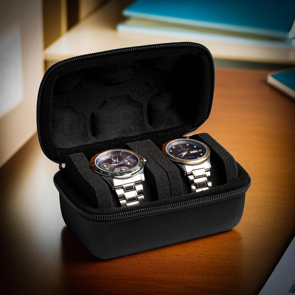 3 Slot Hard Watch Travel Case, Watch Roll Case Storage and Organizer for Men and Women, with anti-move watch pillow (Black fabric 3Slots)