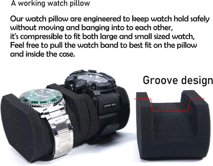 3 Slot Hard Watch Travel Case, Watch Roll Case Storage and Organizer for Men and Women, with anti-move watch pillow (Black fabric 3Slots)