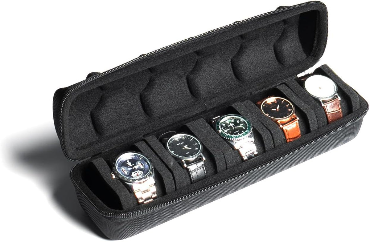 3 Slot Hard Watch Travel Case, Watch Roll Case Storage and Organizer for Men and Women, with anti-move watch pillow (Black fabric 3Slots)