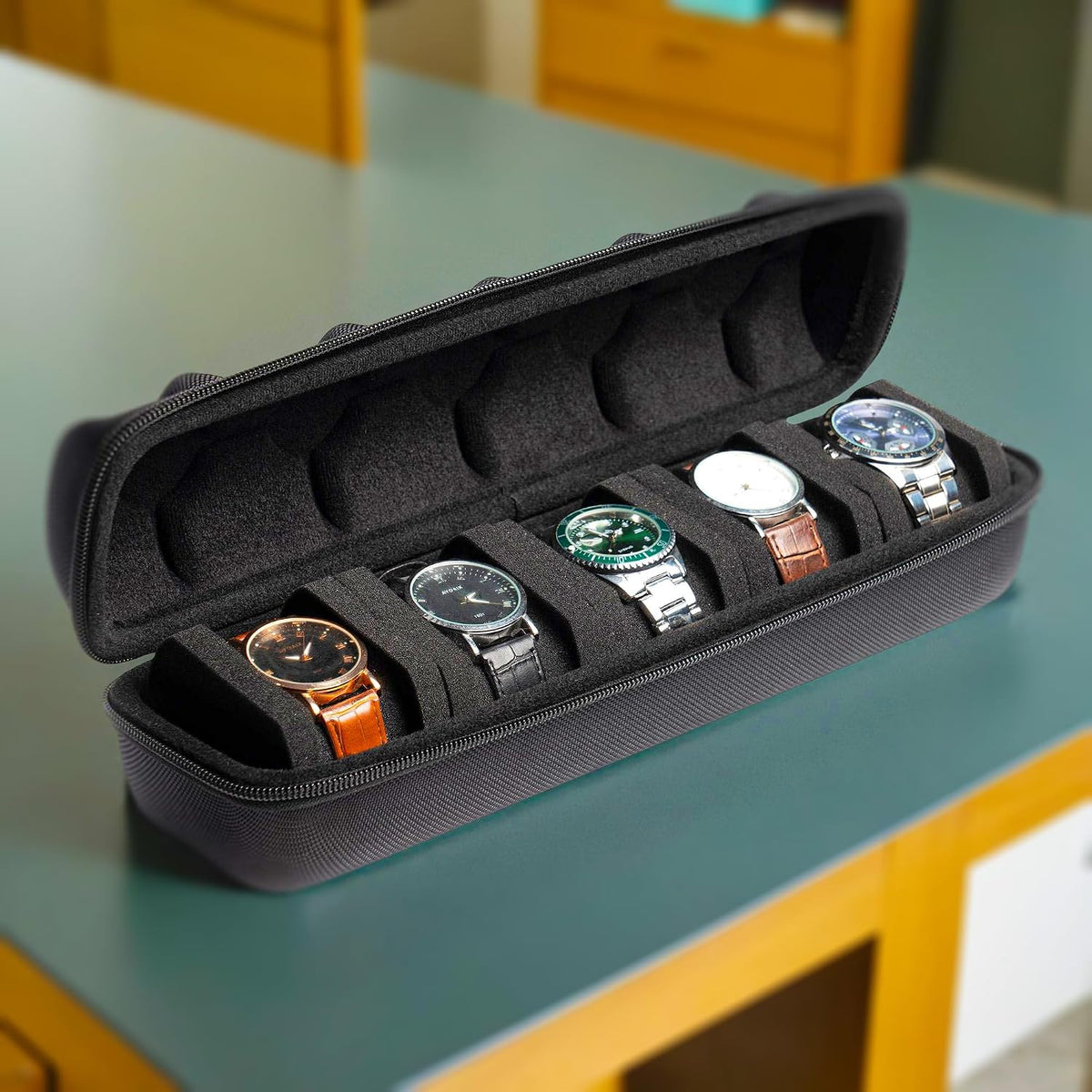 3 Slot Hard Watch Travel Case, Watch Roll Case Storage and Organizer for Men and Women, with anti-move watch pillow (Black fabric 3Slots)