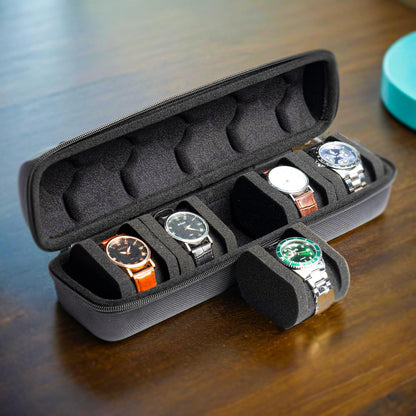 3 Slot Hard Watch Travel Case, Watch Roll Case Storage and Organizer for Men and Women, with anti-move watch pillow (Black fabric 3Slots)