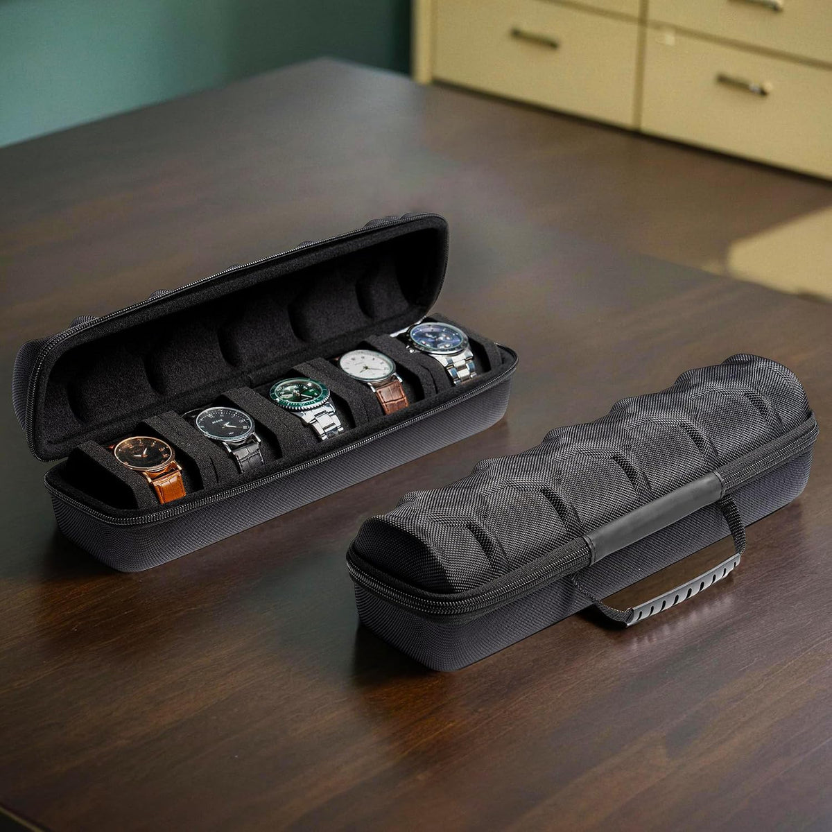 3 Slot Hard Watch Travel Case, Watch Roll Case Storage and Organizer for Men and Women, with anti-move watch pillow (Black fabric 3Slots)