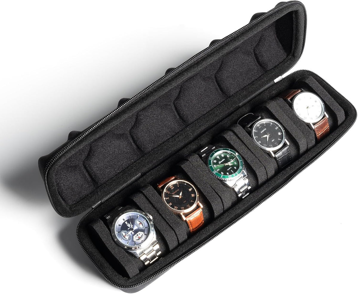 3 Slot Hard Watch Travel Case, Watch Roll Case Storage and Organizer for Men and Women, with anti-move watch pillow (Black fabric 3Slots)