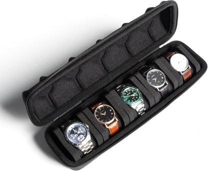 3 Slot Hard Watch Travel Case, Watch Roll Case Storage and Organizer for Men and Women, with anti-move watch pillow (Black fabric 3Slots)