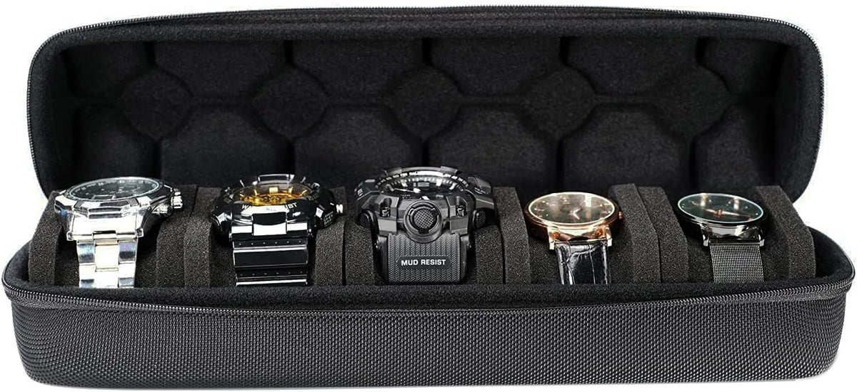 3 Slot Hard Watch Travel Case, Watch Roll Case Storage and Organizer for Men and Women, with anti-move watch pillow (Black fabric 3Slots)